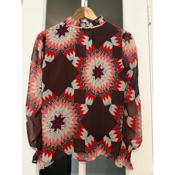 LOFT patchwork Ruffle Tie Neck long sleeve flowy Blouse XSP petite - Picture 10 of 13